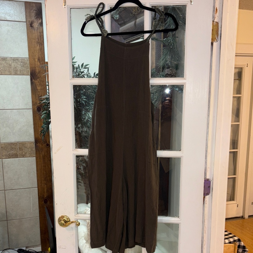 Umgee Olive Green Wide-Leg Tie Shoulder Boho Sleeveless Jumpsuit Small